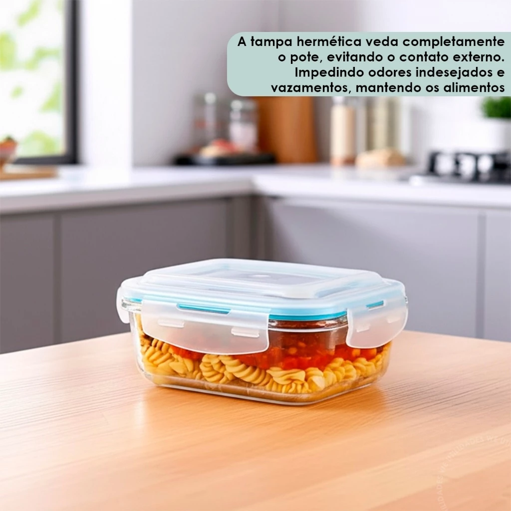 Kit Pote de Vidro Hermético Retangular 10 / 5 Unid Travas Marmita Fit Microondas Mantimentos - Imagem 3